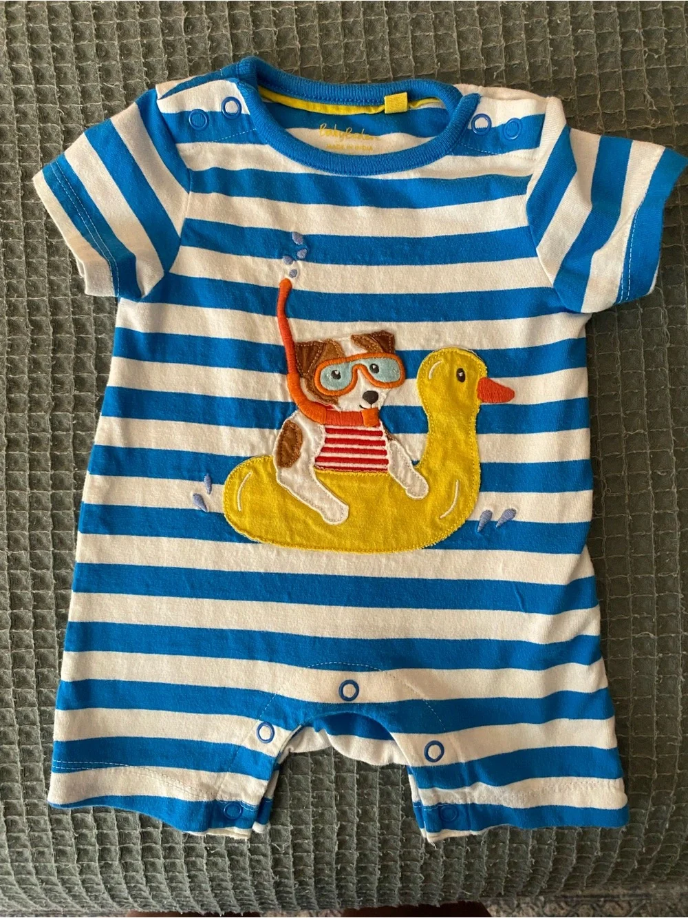 Baby Boden Blue & White Striped One-Piece with Yellow Duck Float Applique